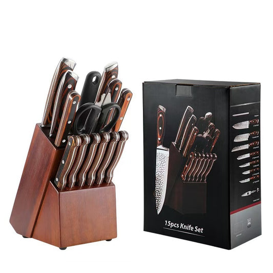 15-piece Set Kitchen Kit Red Color Wooden Handle Stainless Steel Knife
