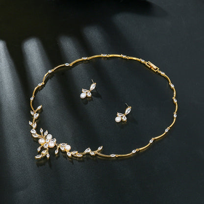 Sweet Pearl Zircon Ear Stud Necklace Jewelry Suit