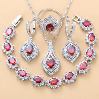 Inlaid Gemstone Pendant Earrings Necklace And Ring For Women 4 PCs Set